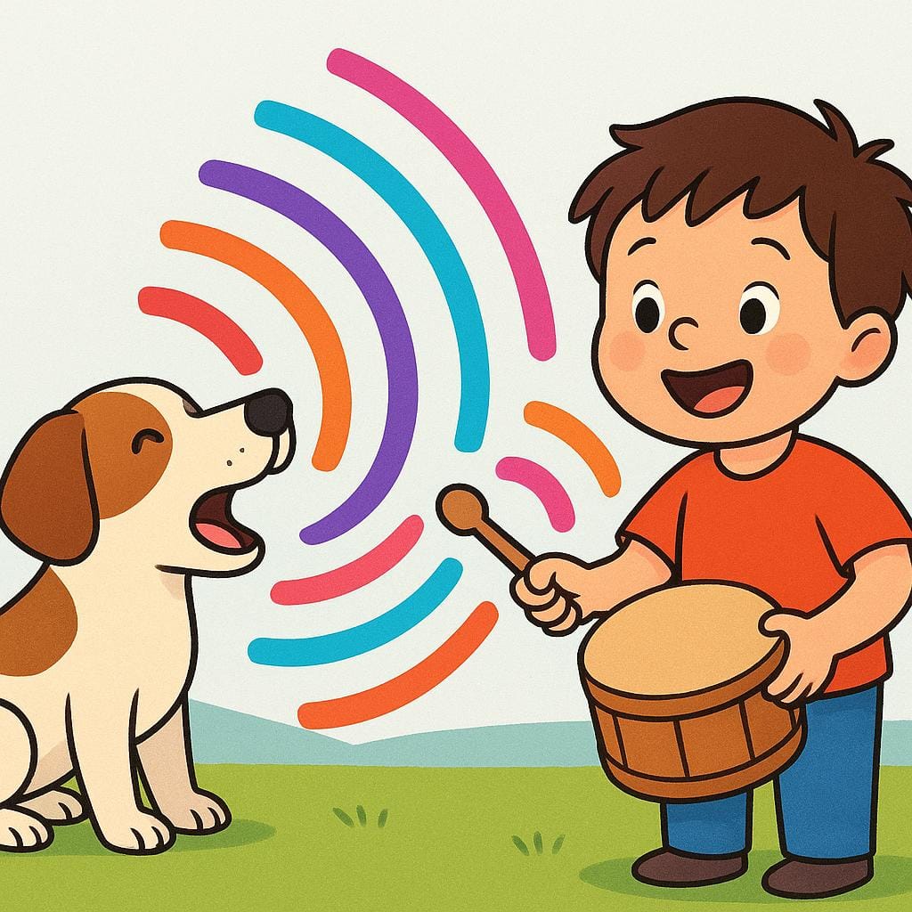 Una semplice illustrazione colorata che mostra un cane che abbaia forte accanto a un bambino che colpisce vigorosamente un piccolo tamburo di legno. Linee curve grandi e stilizzate indicano onde sonore che emanano in modo prominente sia dalla bocca del cane che dal tamburo.