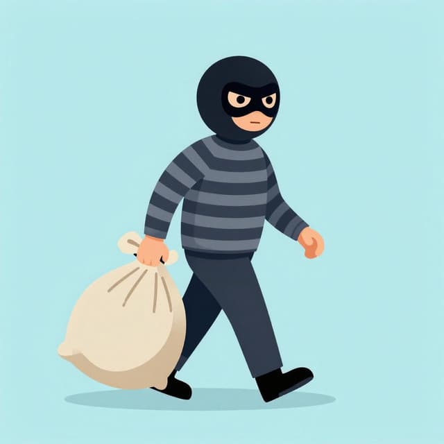 Une personne portant un masque noir et une chemise rayée, tenant un grand sac avec un signe dollar dessus.