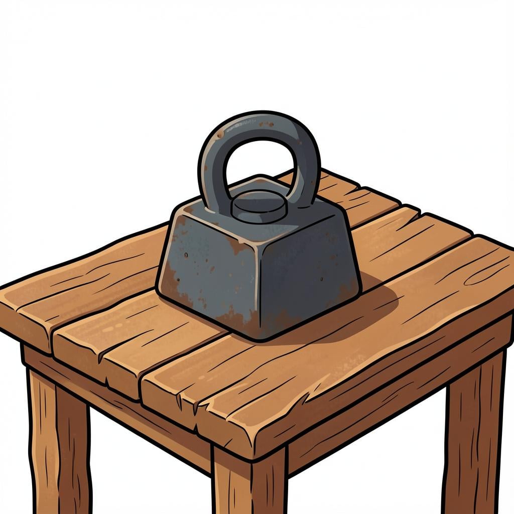 A heavy metal weight on a wooden table.