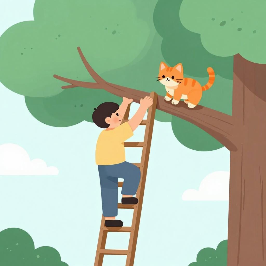A person is shown carefully climbing a small wooden ladder to rescue an orange kitten stuck in a tree, depicting a brave person.