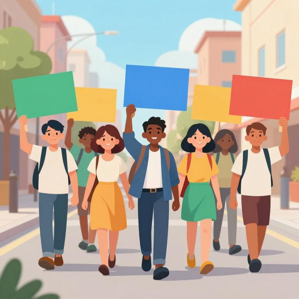 Een grote groep mensen die samen over straat lopen met kleurrijke blanco spandoeken.