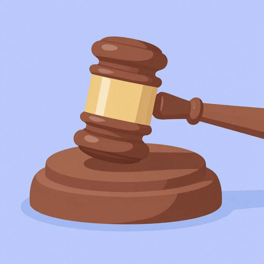 A heavy wooden gavel resting on a polished wooden block.