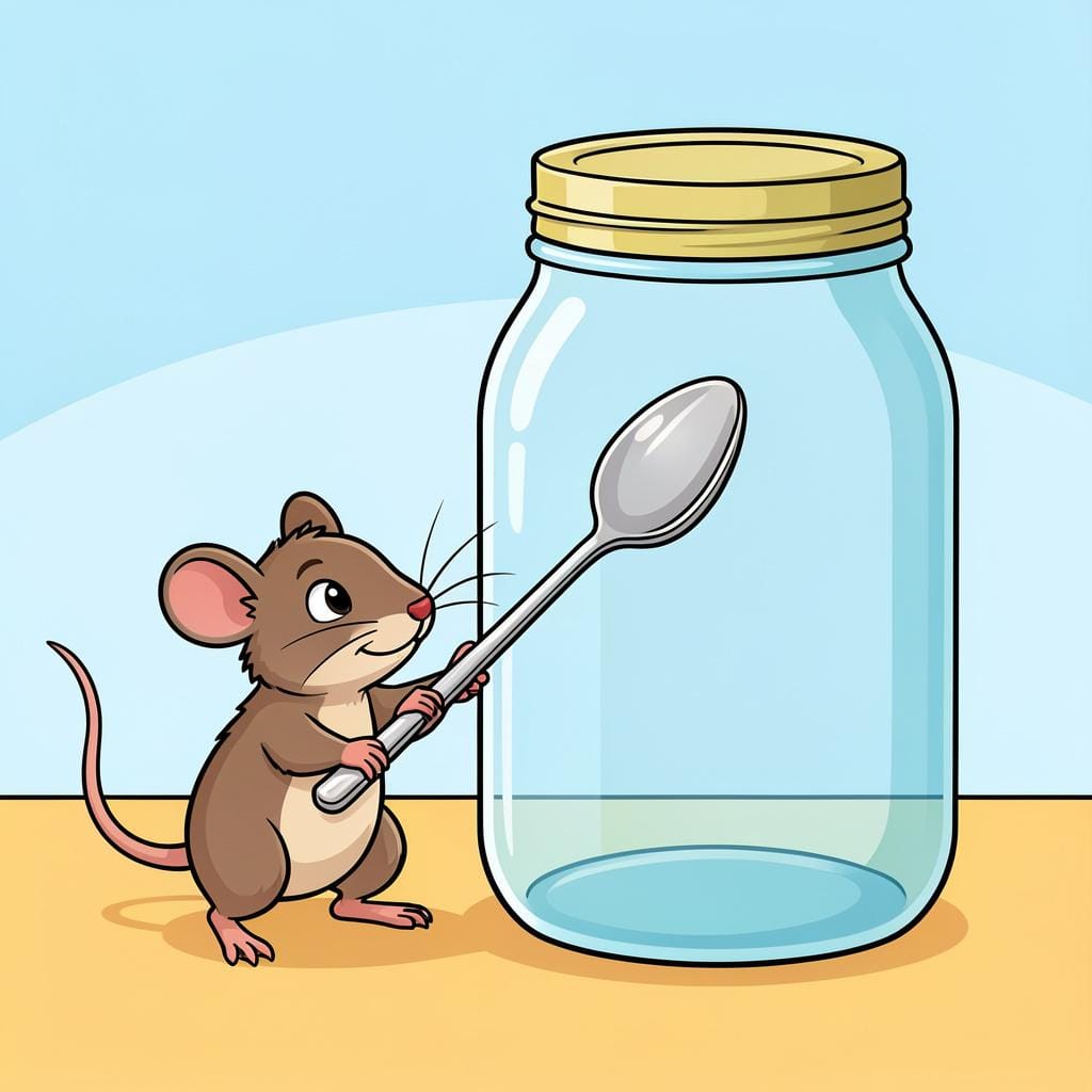 A small mouse using a spoon as a lever to lift a heavy lid off a jar of seeds.