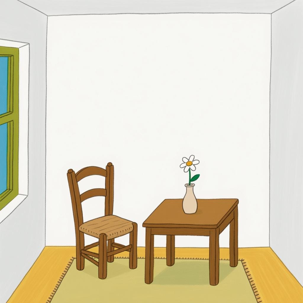 An interior view of a room designed with extreme minimalism, featuring only essential, unadorned furniture like a simple wooden chair and a small table, illustrating a plain or uncomplicated way of living.