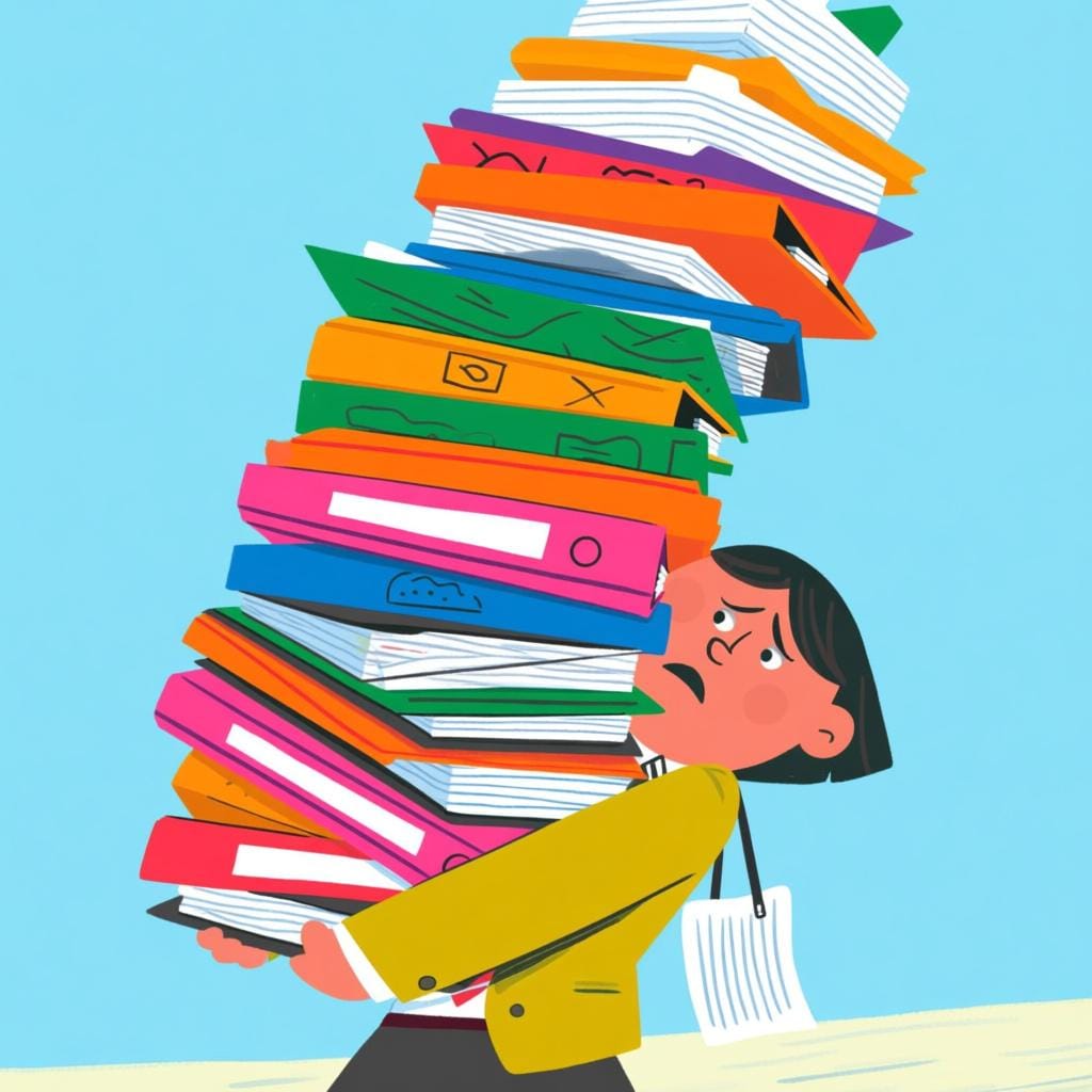 A focused character carrying a massive, towering stack of colorful folders marked with simple abstract symbols, representing pending business or matters to resolve.