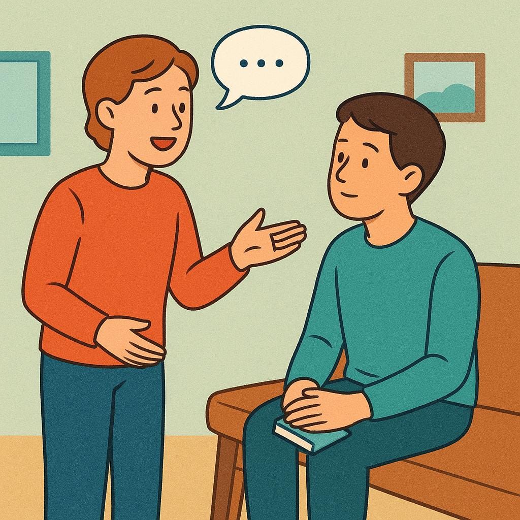 A man stands in a simple setting, speaking clearly with an open hand gesture, offering a statement to another person who is seated and listening attentively.