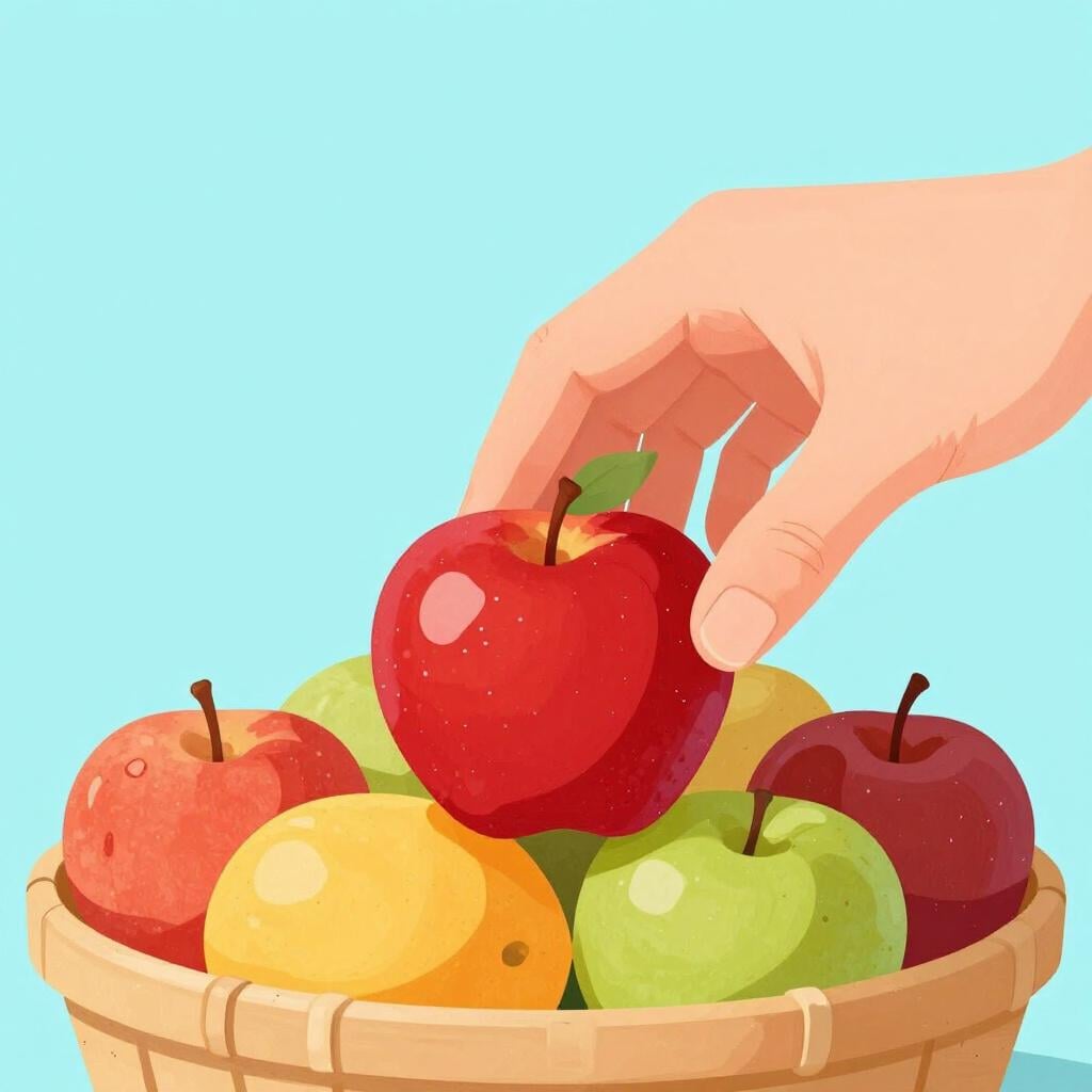 A child carefully picking only the brightest red apples from a basket of various fruits.