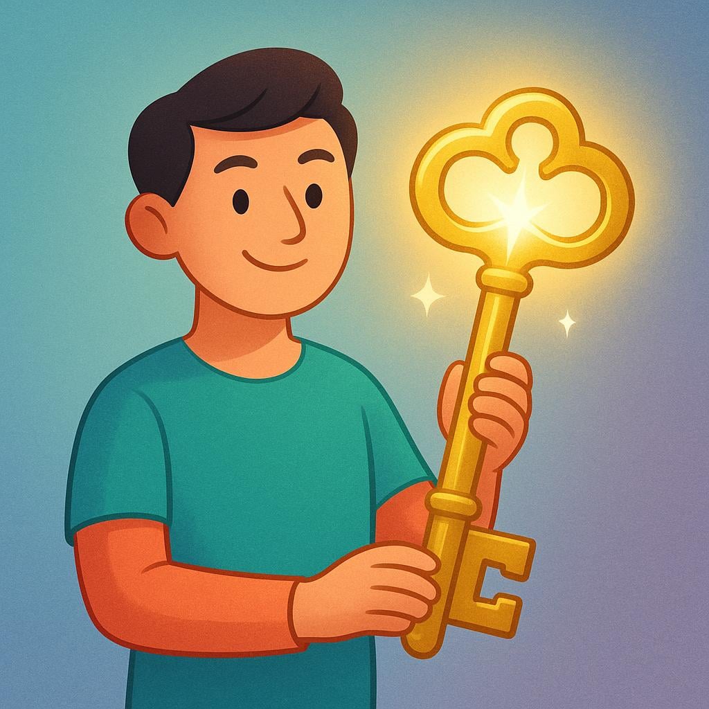 A simple, stylized figure holding a large, brightly glowing golden key, symbolizing possessed knowledge or having the answer.