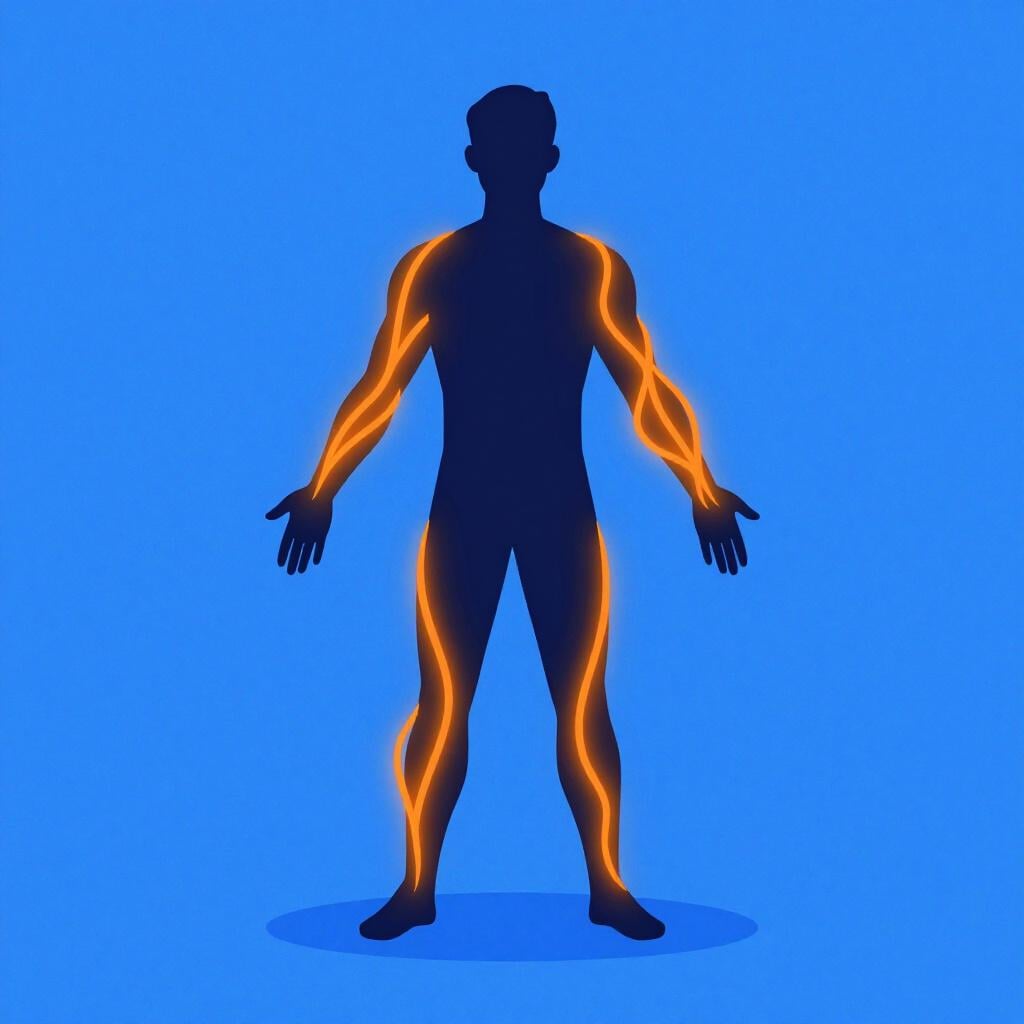 A stylized human body with glowing orange energy pathways representing adrenaline flowing through the system.