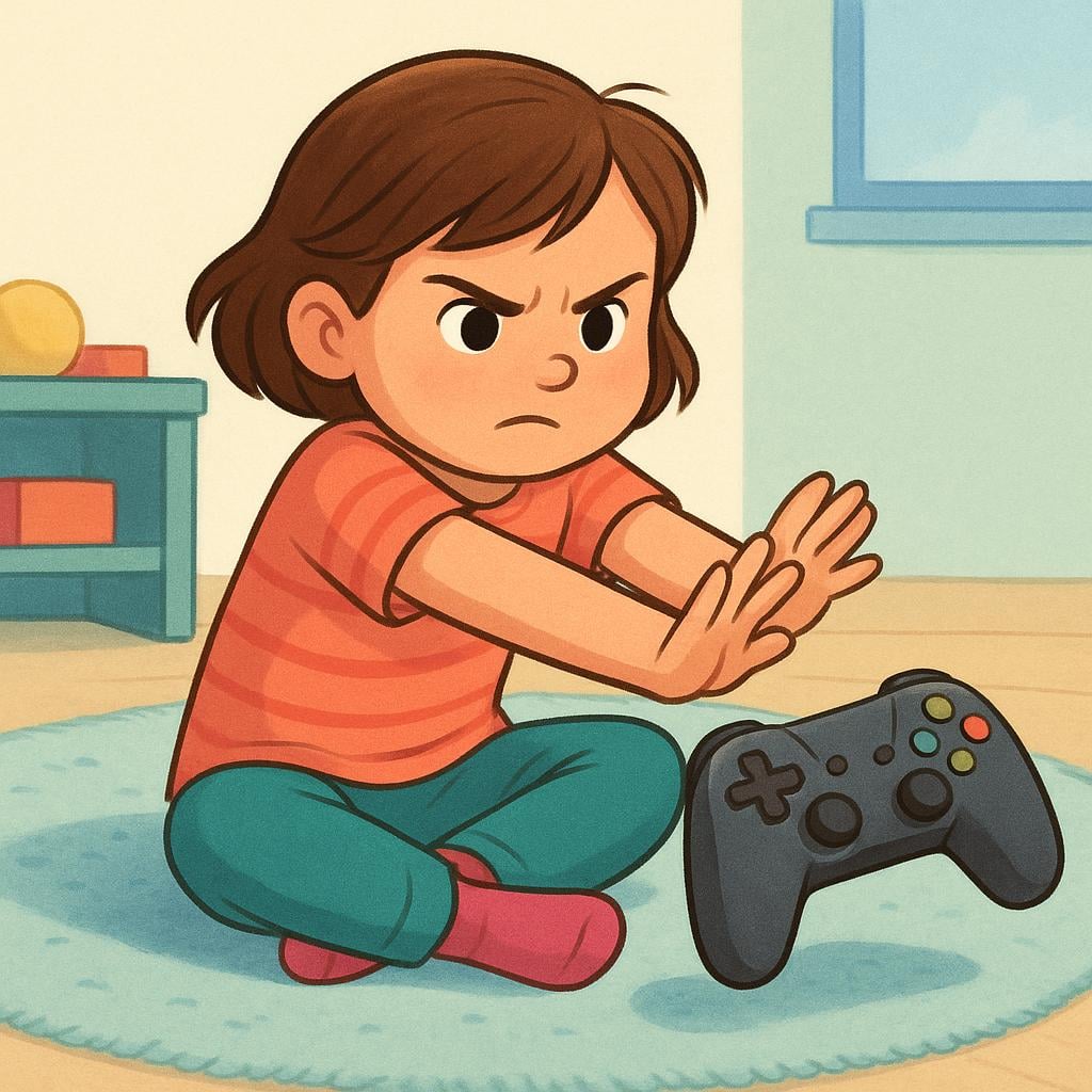 A colorful storybook illustration of a child sitting on the floor, decisively pushing a video game controller away, symbolizing the act of quitting an activity.