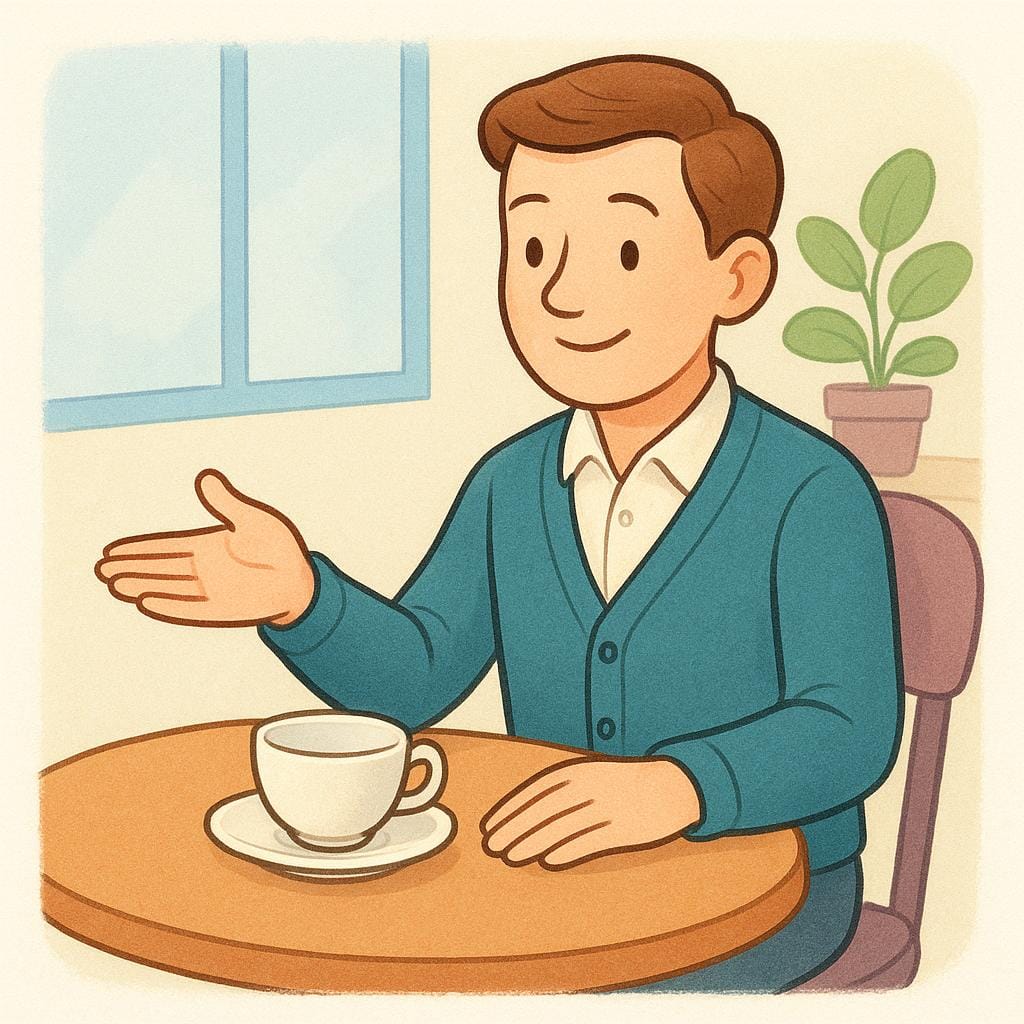 Une personne assise à une table tendant une main ouverte vers un serveur, indiquant une demande polie de service ou d'un article.