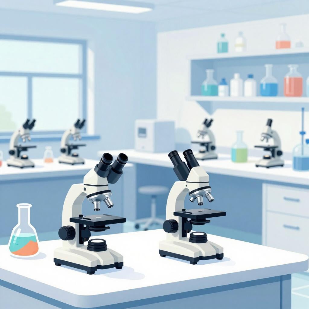 A modern laboratory being stocked with high-tech equipment like microscopes and glass beakers.