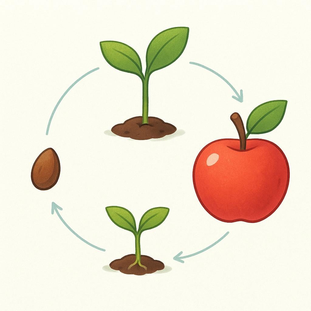 An illustration showing the life cycle of a plant in a closed loop: a seed leads to a sprout, which leads to an apple, which returns to the seed.