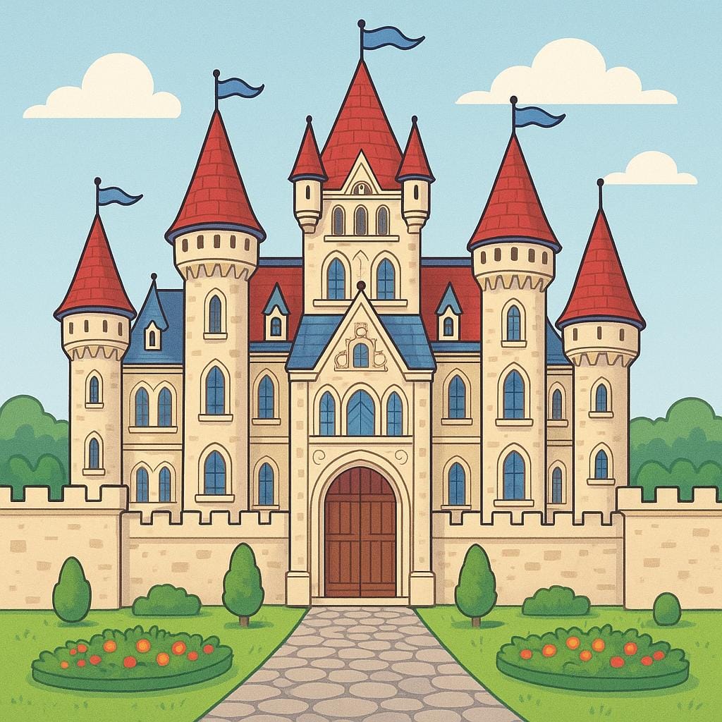 A majestic, brightly colored palace featuring multiple spires, turrets, and a prominent central entrance.