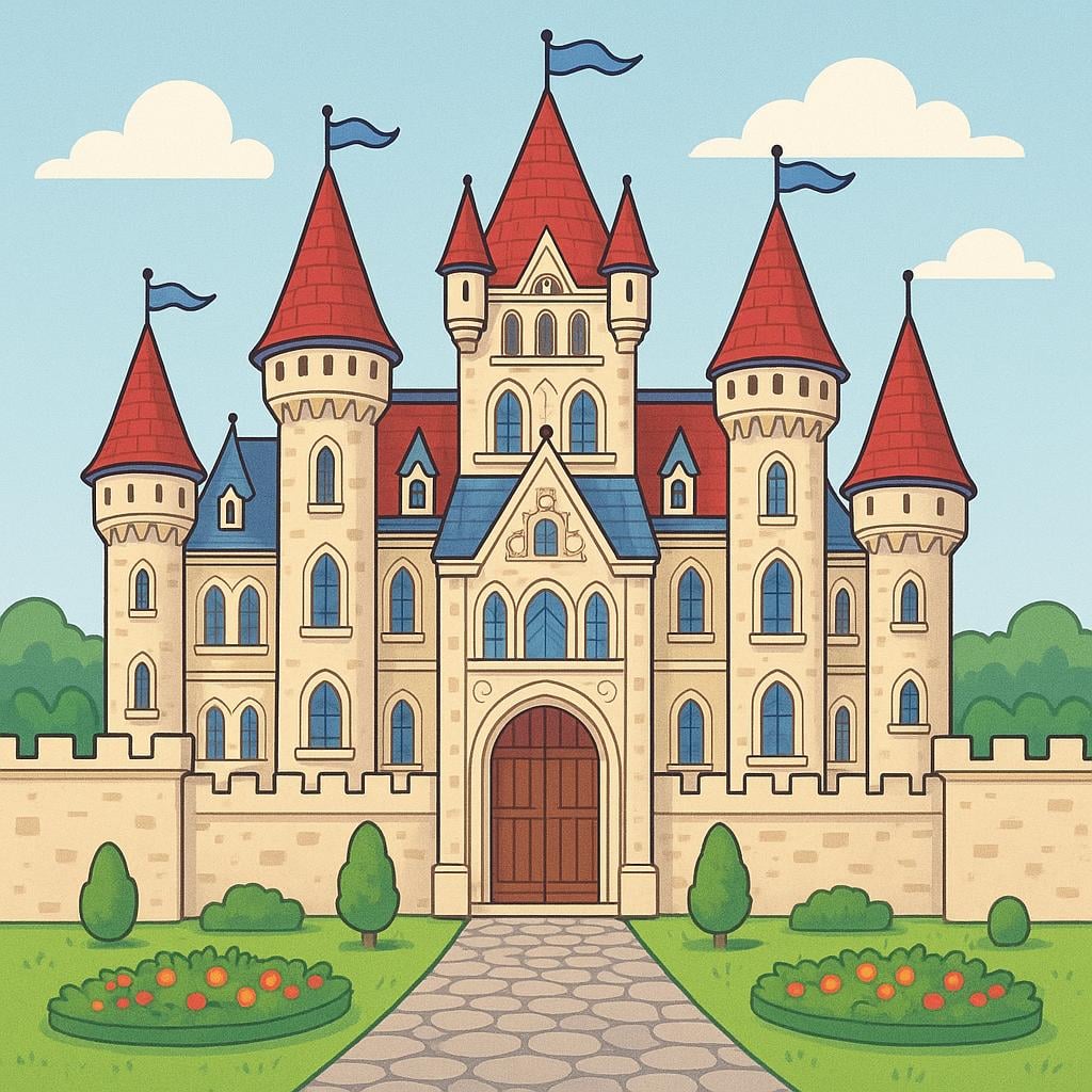 A majestic, brightly colored palace featuring multiple spires, turrets, and a prominent central entrance.