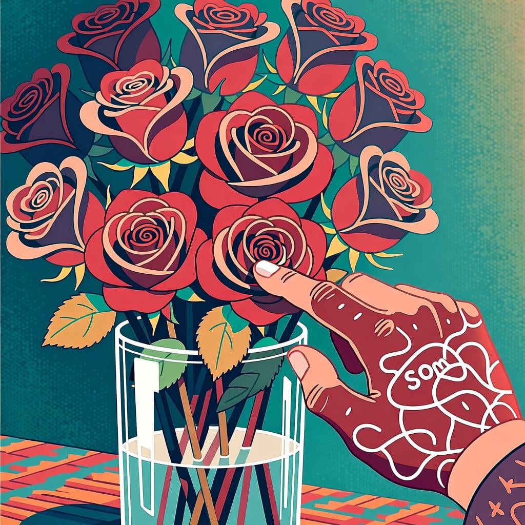 A hand gently touching a single red rose among many roses in a vase, symbolizing an unspecified 'some' or 'any' item.