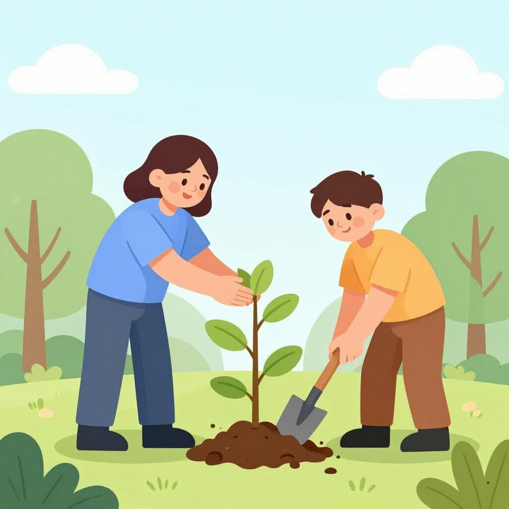 Deux personnes travaillant ensemble pour planter un petit arbre dans un jardin.