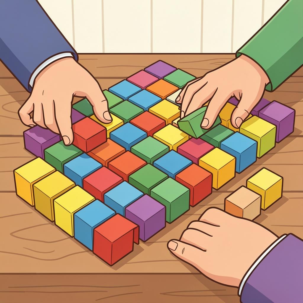 A pair of hands carefully organizing small colorful blocks into neat rows on a desk.