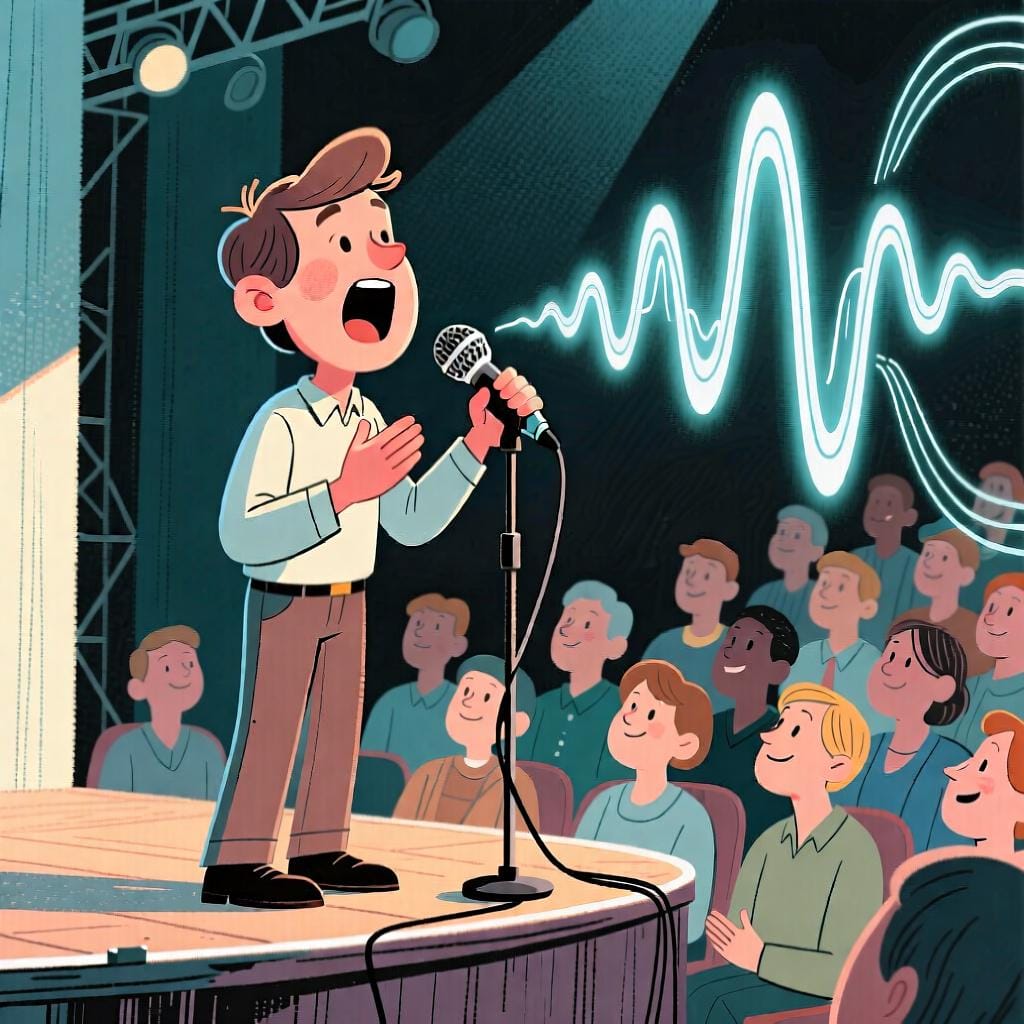 A person speaking clearly into a microphone, illustrating 'claro' used as an adverb to mean 'clearly'.