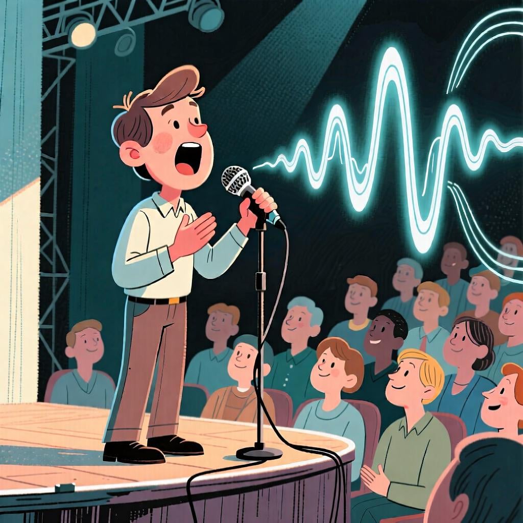 A person speaking clearly into a microphone, illustrating 'claro' used as an adverb to mean 'clearly'.