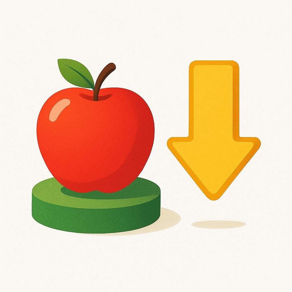 A bright red apple resting on a small green pedestal, next to a large yellow downward-pointing arrow, symbolizing a price discount.