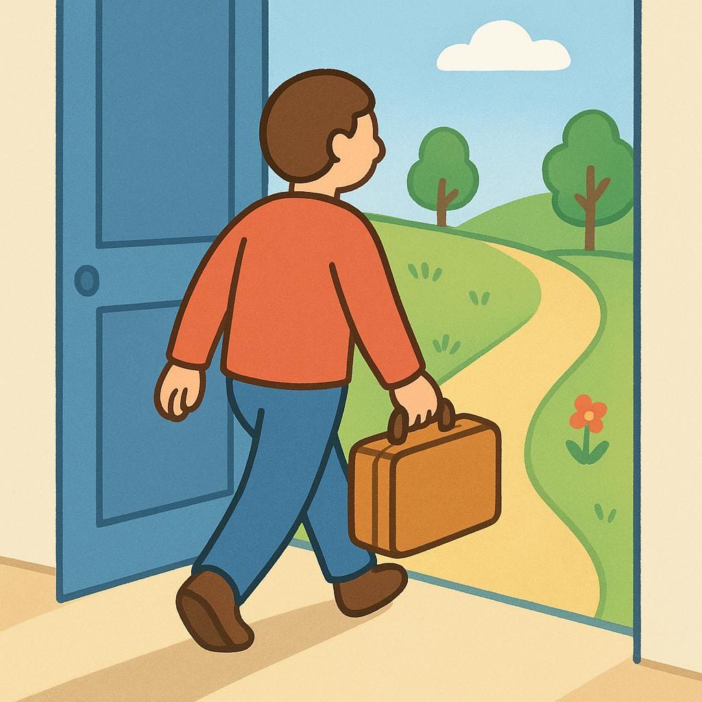 A person walking away from a house, stepping onto a path with a suitcase in hand, illustrating physical departure.