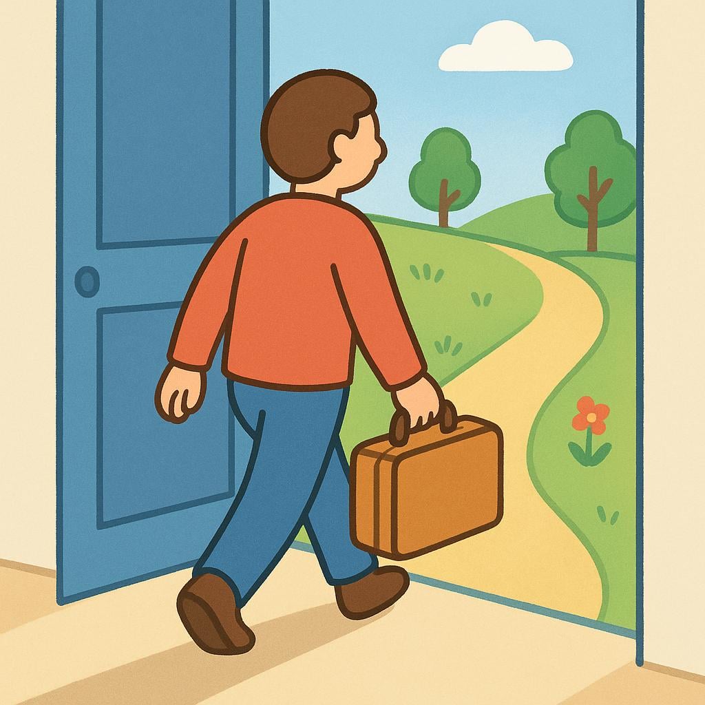 A person walking away from a house, stepping onto a path with a suitcase in hand, illustrating physical departure.