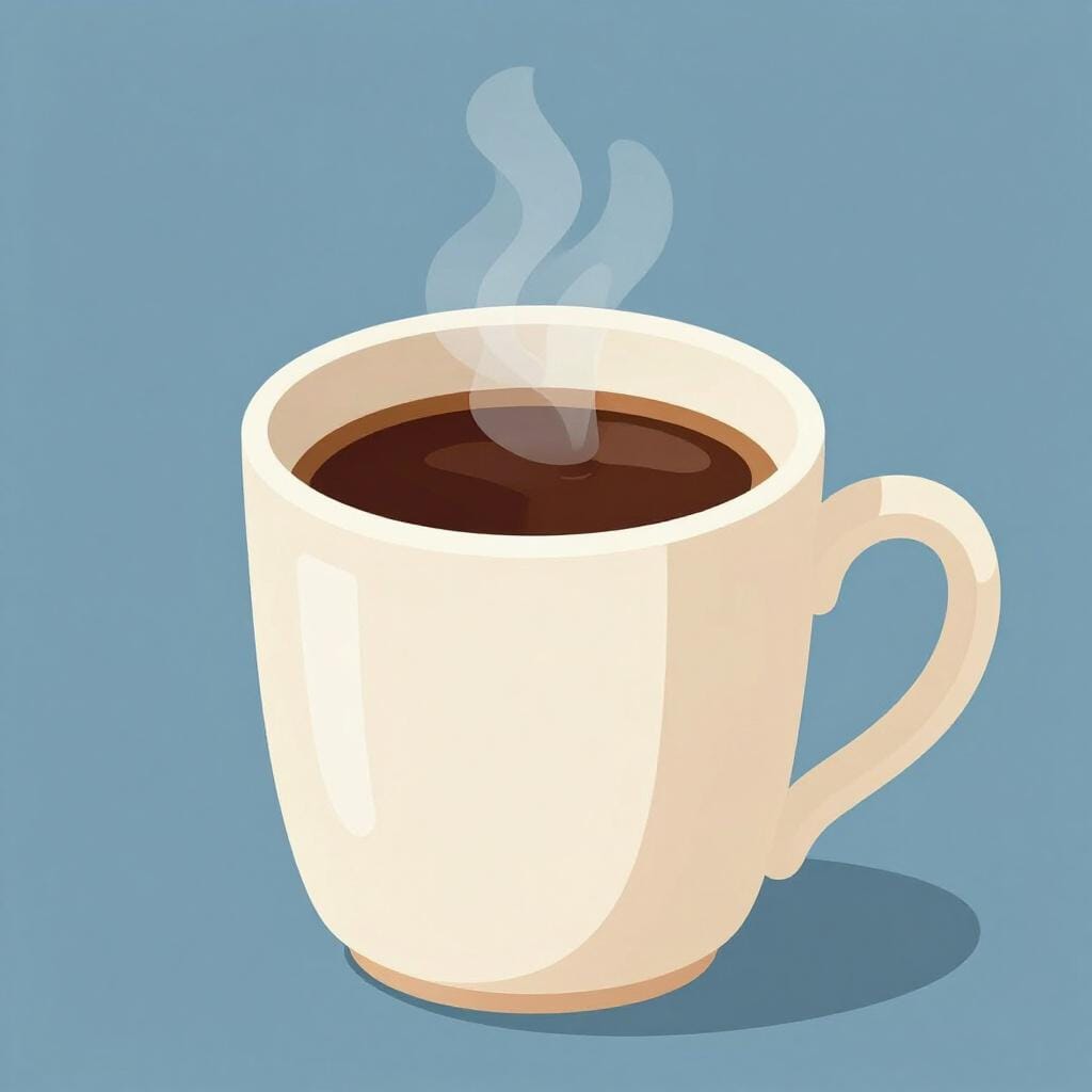 A large ceramic mug filled with hot coffee, steam rising from the top.