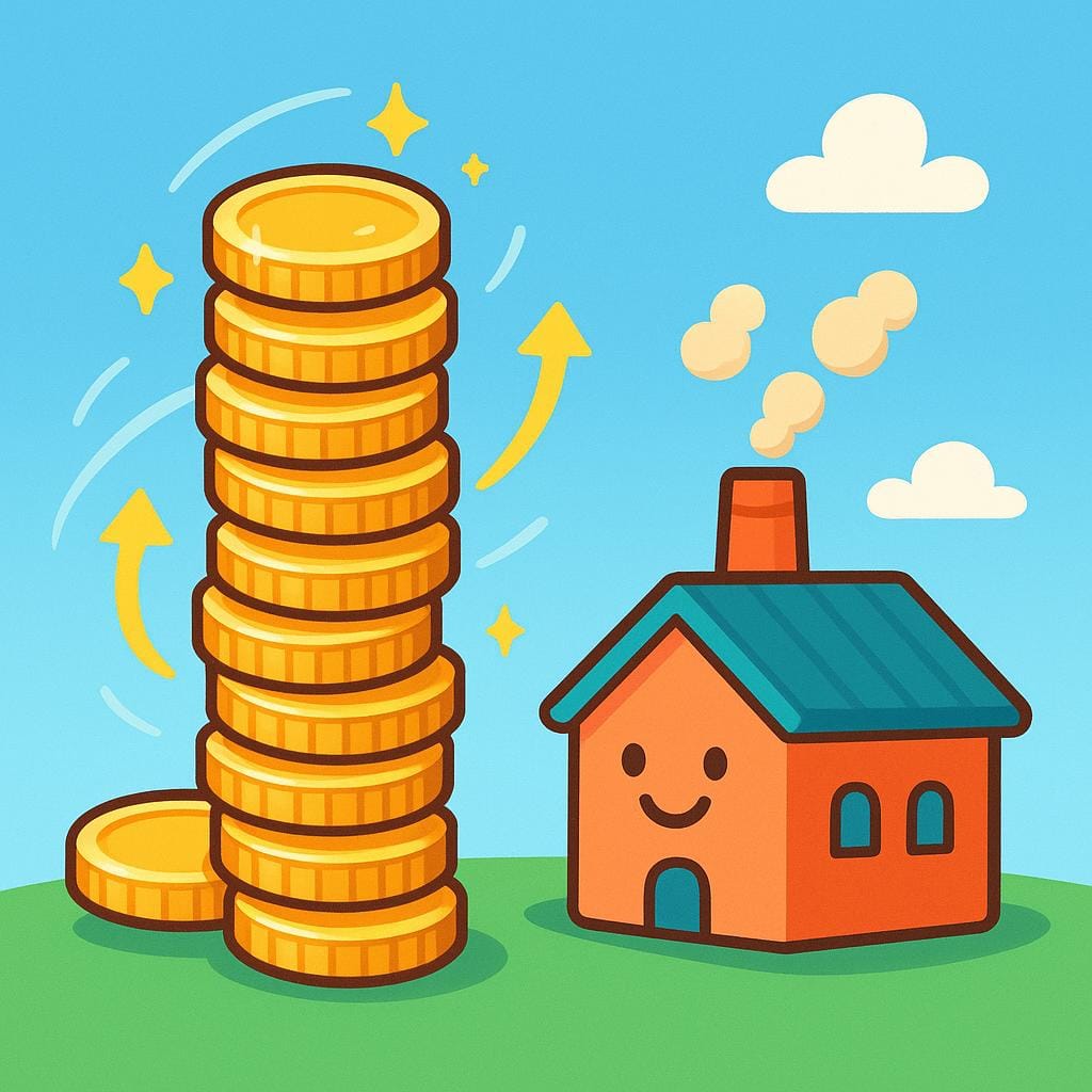 A tall stack of gold coins rapidly growing next to a small, brightly colored factory building, symbolizing rapid economic growth.