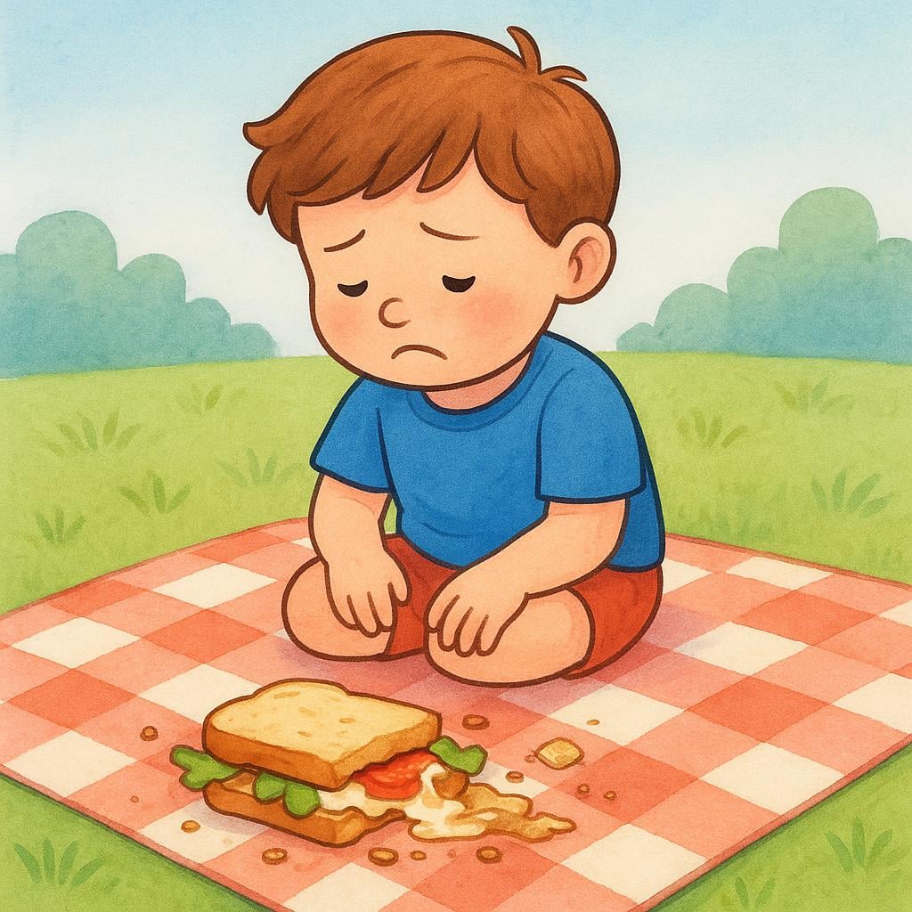 A sad child frowning at a ruined, soggy sandwich that has completely fallen apart on a blanket, illustrating something that is very bad or awful.