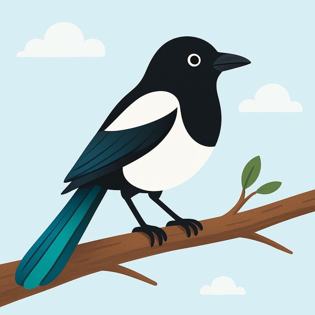 A stylized black and white magpie bird with iridescent blue-green tail feathers, sitting on a brown tree branch.