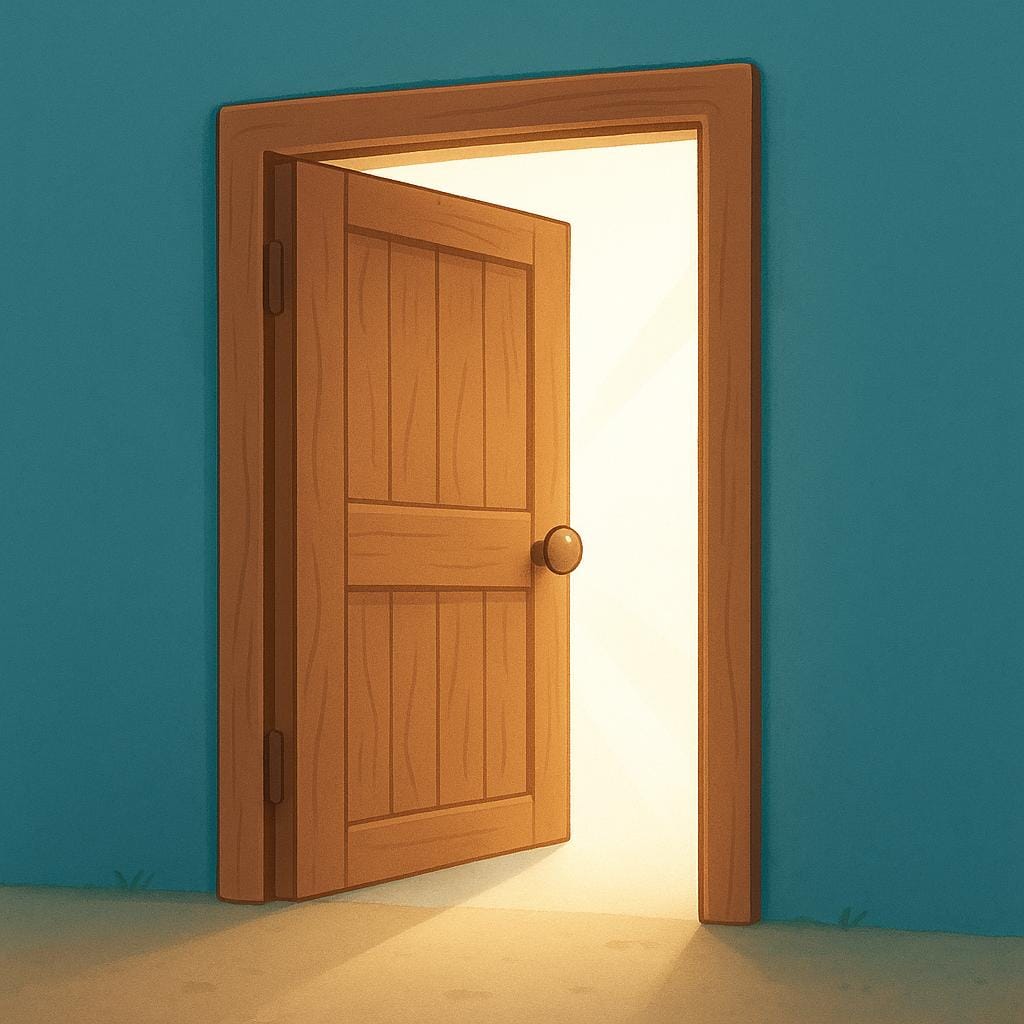 A pair of hands pushing open a rustic wooden door, revealing a bright, sunny interior beyond.