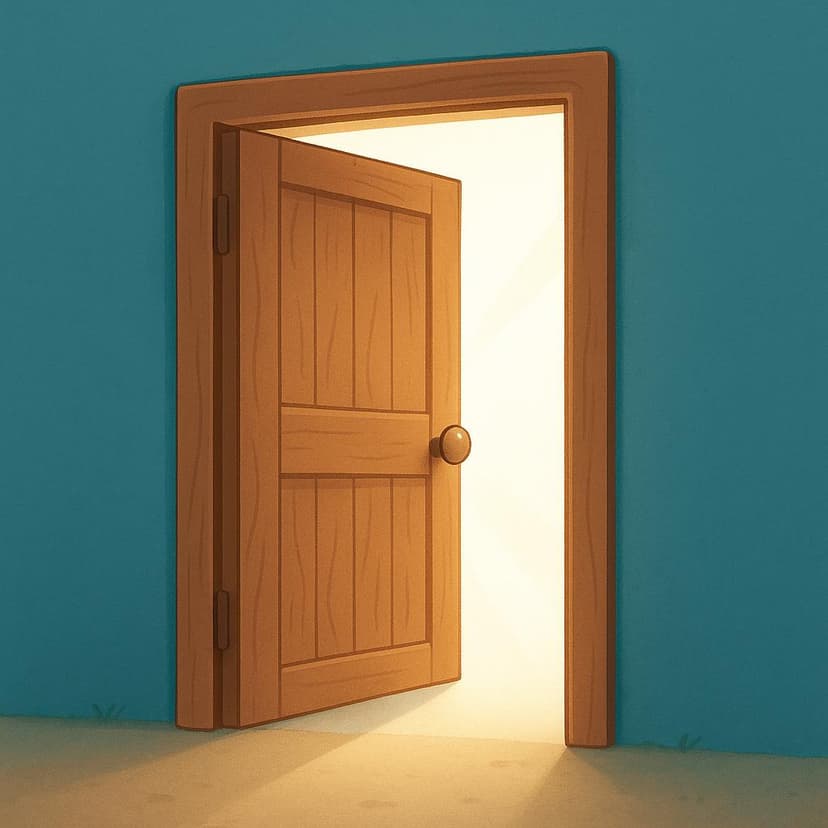 A pair of hands pushing open a rustic wooden door, revealing a bright, sunny interior beyond.