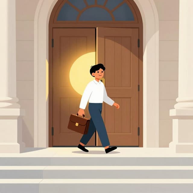 A smiling person walking out of a large courthouse door into the sunlight, looking relieved.
