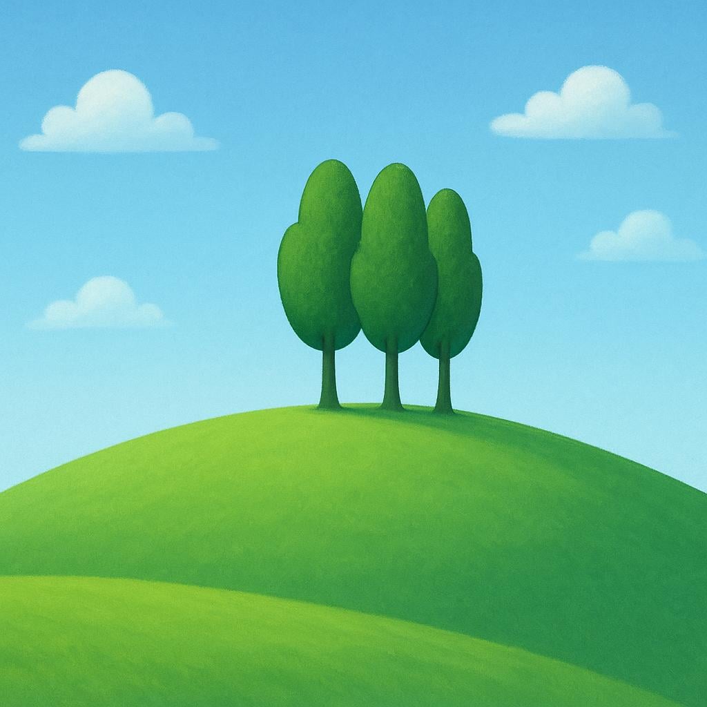 A cluster of four identical tall green trees standing alone on the crest of a distant grassy hill.