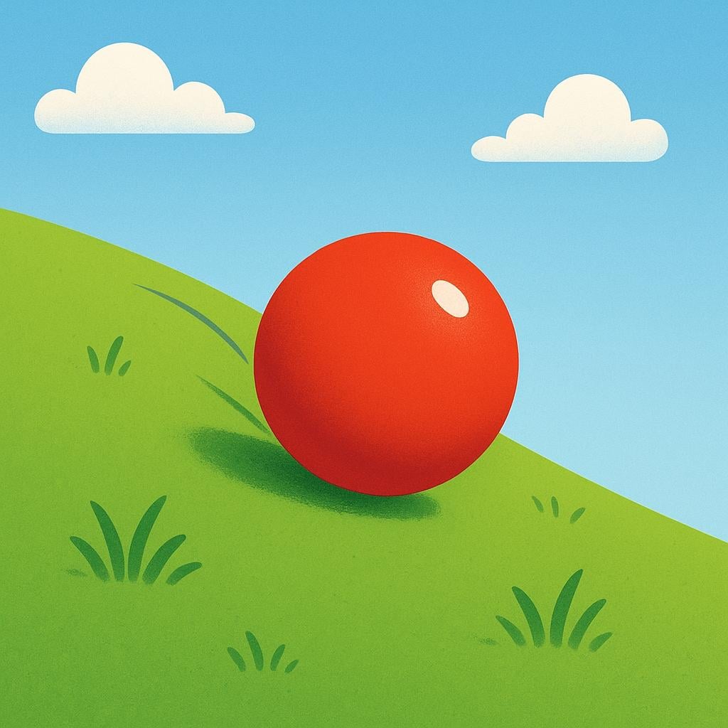 A high quality simple colorful storybook illustration of a bright red rubber ball rolling down a gentle green grassy hill.
