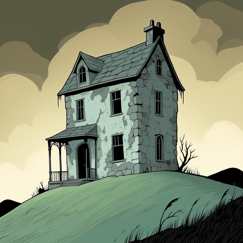 An illustration of a spooky, dilapidated, old stone house under a dark sky, surrounded by twisted, dead trees, representing a cursed place.