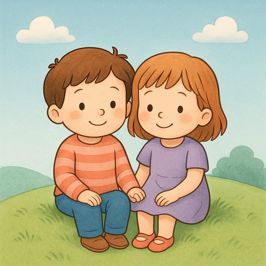 A high quality simple colorful storybook illustration showing two small children sitting side-by-side, leaning slightly against each other, both smiling with expressions of comfort and contentment.
