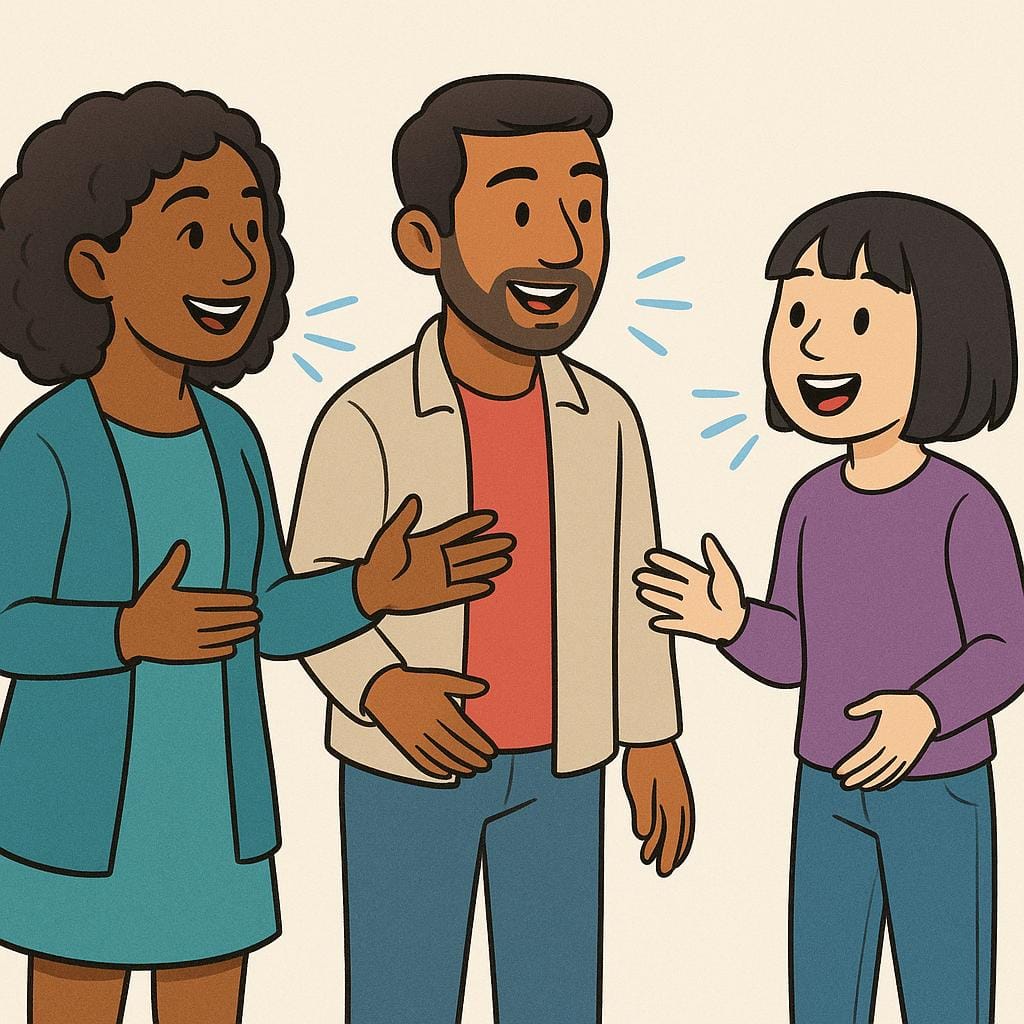 A colorful, friendly storybook illustration showing three cartoon characters standing in a group, all with open mouths, engaged in animated conversation. Simple curved lines emanate from their mouths to indicate speech.