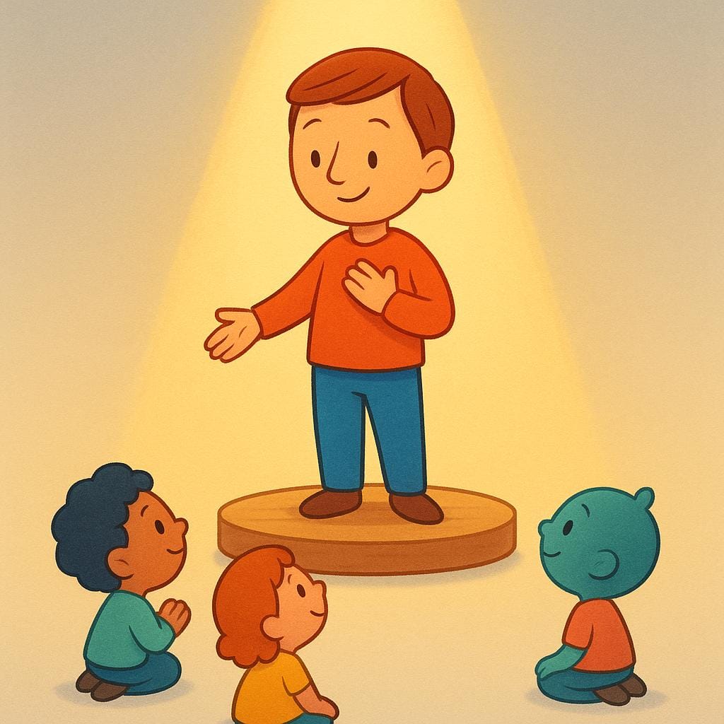 Une illustration stylisée montrant une personne debout sur une petite plateforme, illuminée par une lumière dorée chaude, tandis que trois petites figures en dessous la regardent avec admiration.