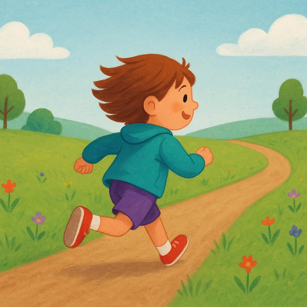 A storybook illustration of a child running continuously down a winding path that disappears into the distance.