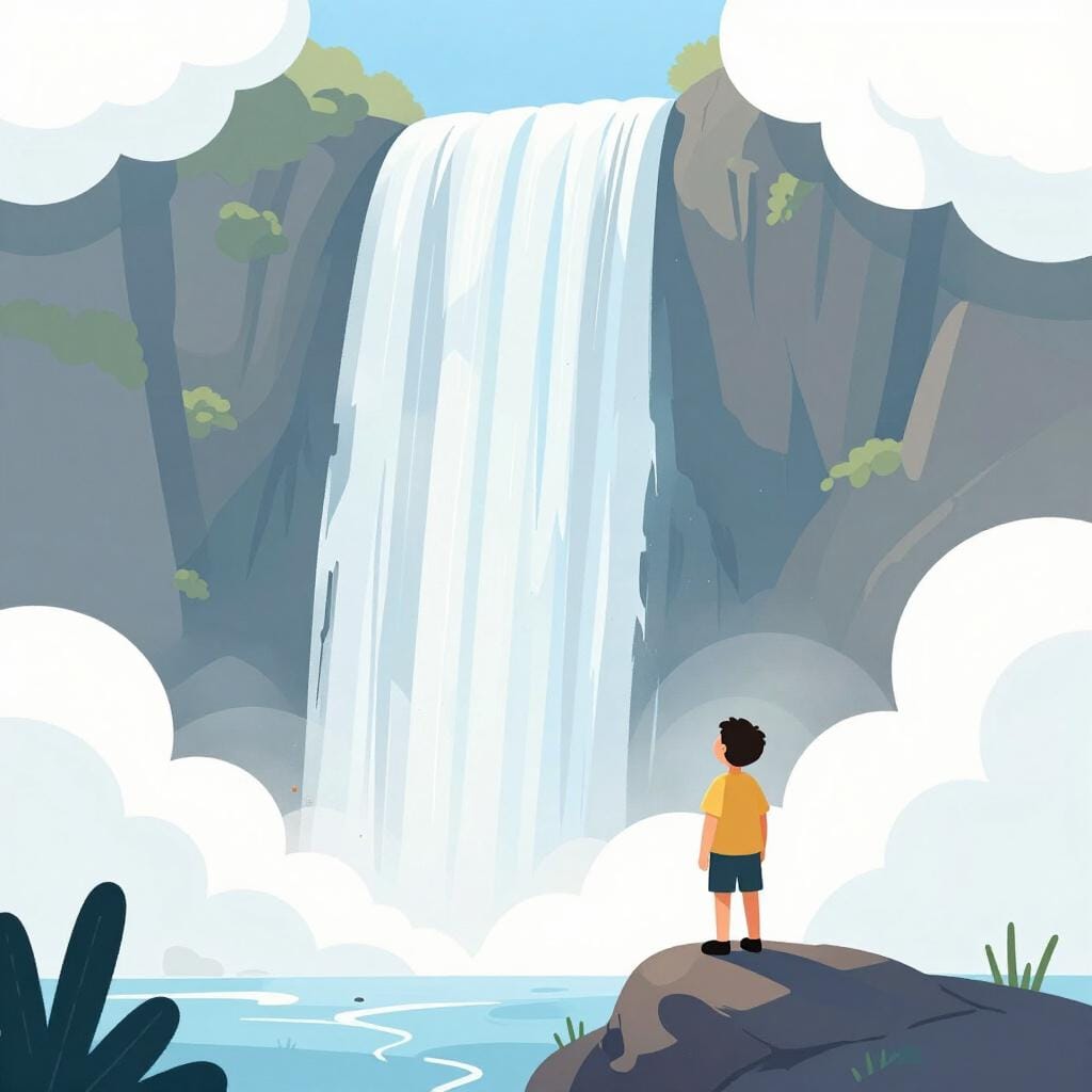 A tiny person standing in front of a massive, towering waterfall.
