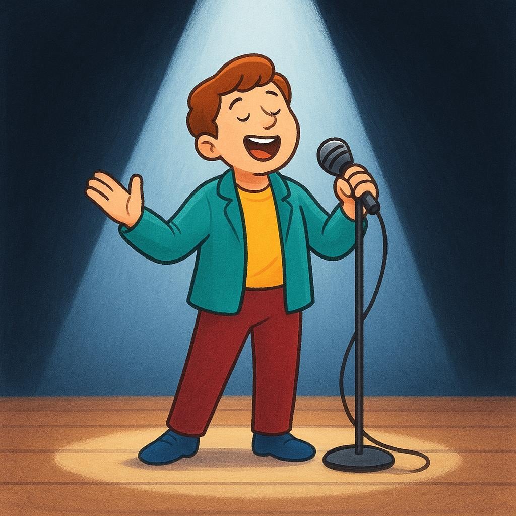 A young person stands alone on a brightly lit stage, singing into a microphone during a simple performance tryout.