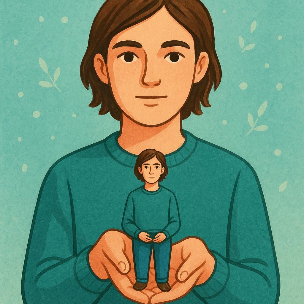 A person stands thoughtfully, holding a small, miniature version of themselves in their hands, symbolizing self-description.