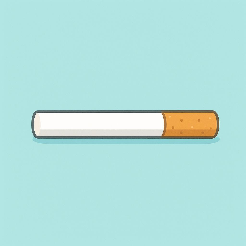 A simple illustration of a single, unlit white cigarette with a brown filter tip, set against a plain background.