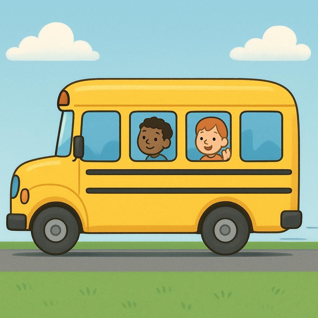 Un bus scolaire jaune vif et amical roule vers l'avant, vu de côté, avec deux enfants souriants visibles comme passagers aux fenêtres.