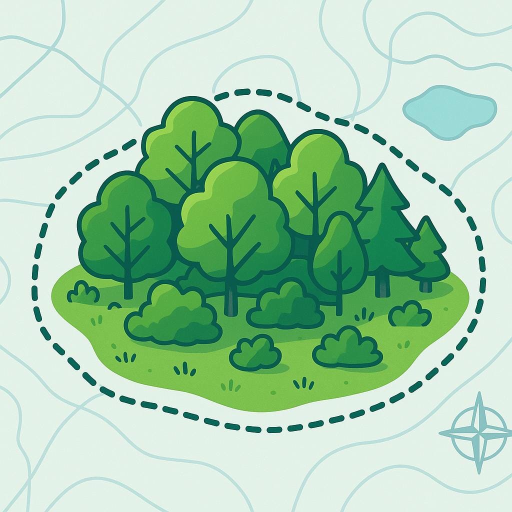 A stylized illustration of a forest area clearly marked with a distinct boundary line on a simplified map, representing a geographical area.