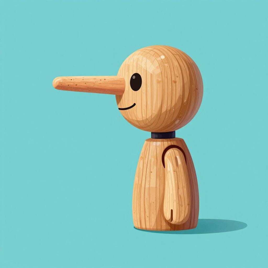 A wooden puppet with a very long nose standing in a simple room.