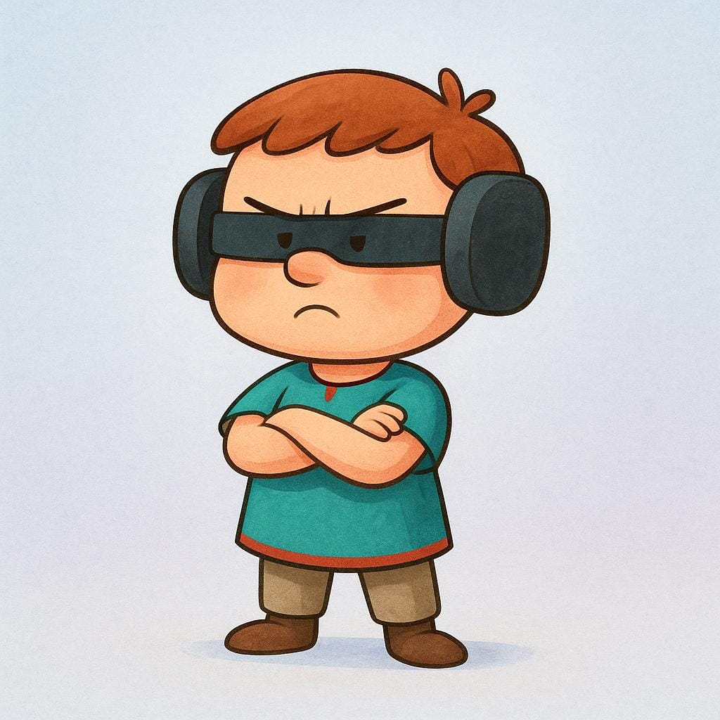 A simplistic character standing firm with their arms crossed and a stubborn expression, wearing thick, exaggerated blinders that only allow them to see a very small area straight ahead.