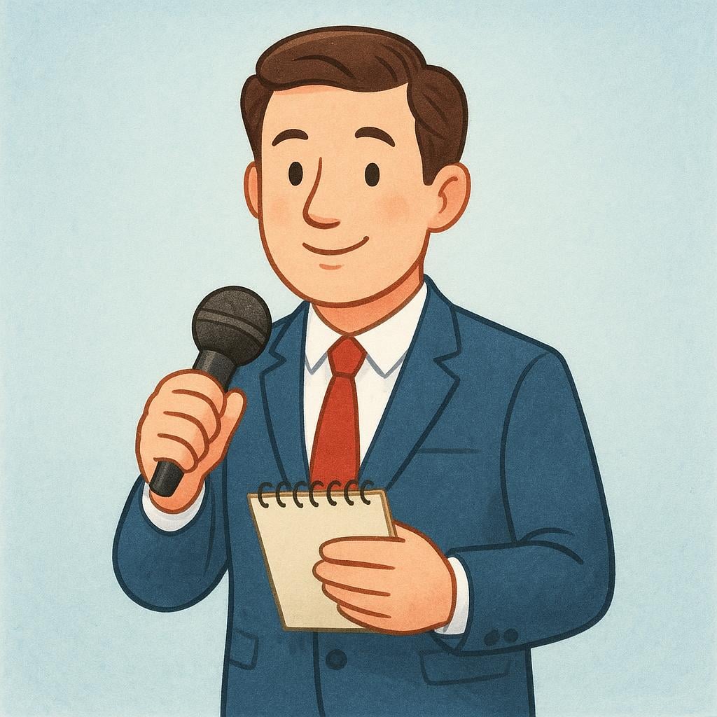 A drawing of a man dressed professionally, holding a microphone close to his mouth and a small notepad in the other hand, actively reporting news.